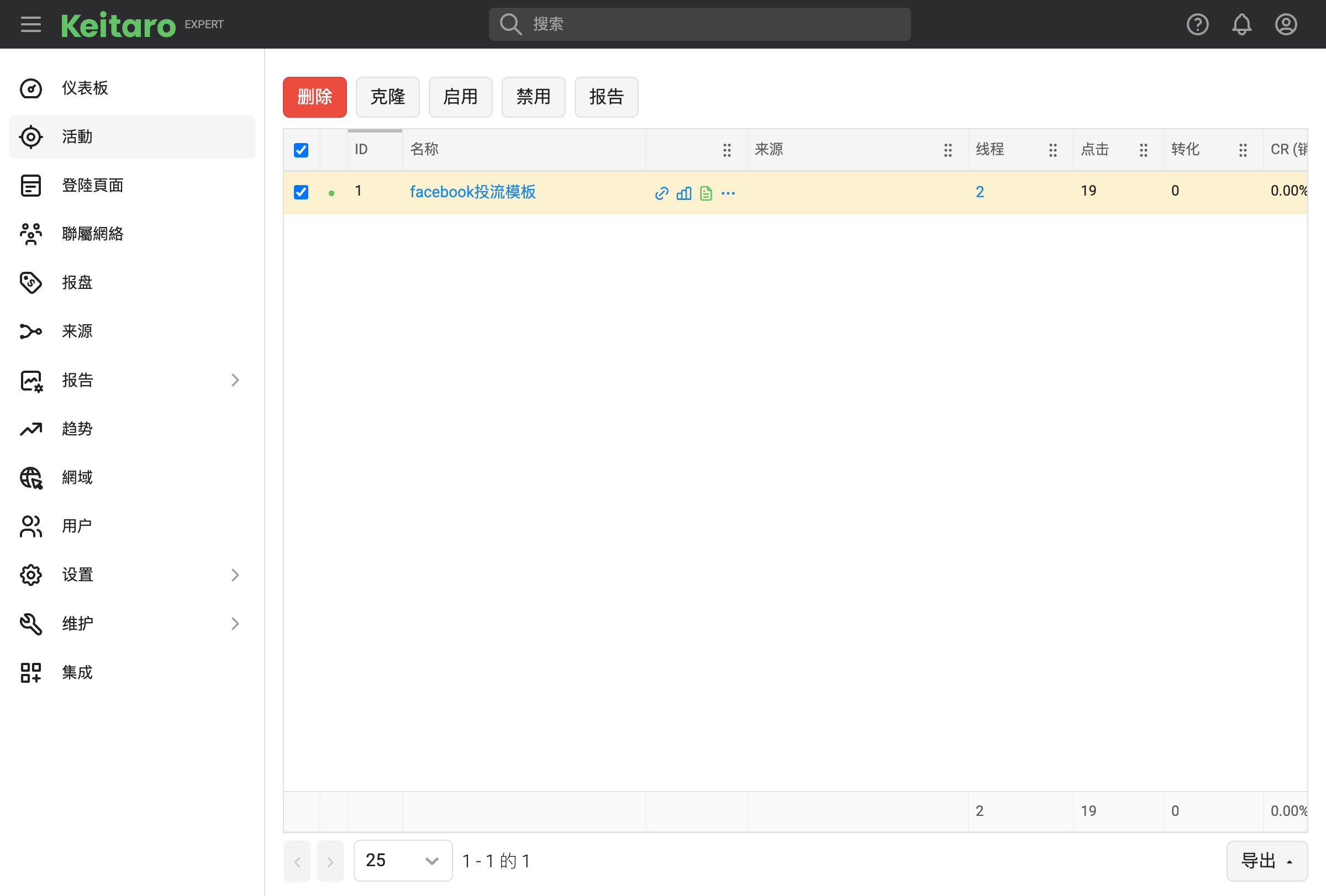 勾选活动后点击克隆